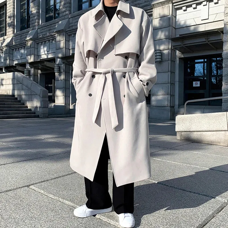 Autumn Winter Overcoat Men's Mid Length Coat Korean Fashion Loose Knee Over British Trench With Cotton Windbreakers 9C1874