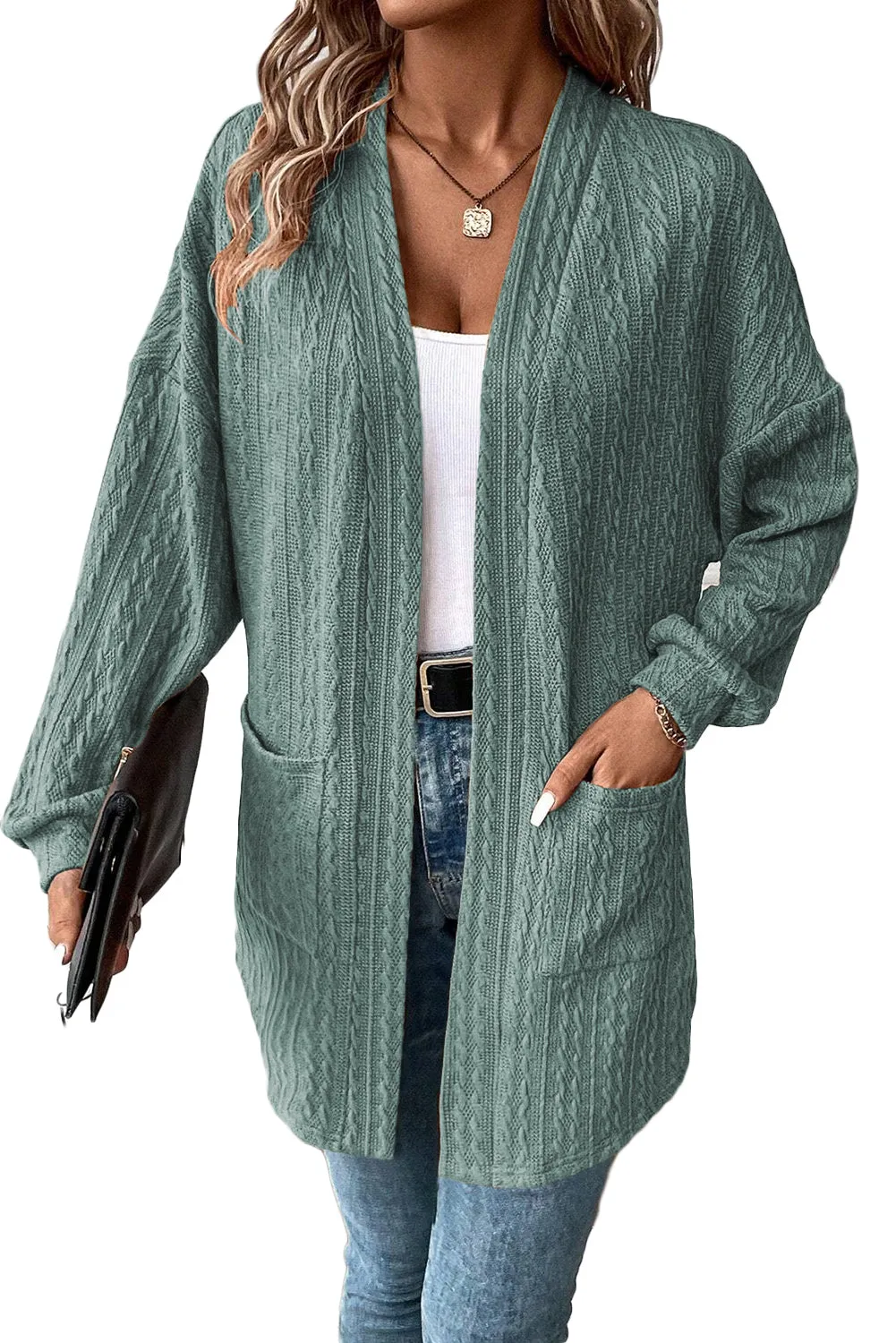 Black Textured Knit Side Pockets Open Front Cardigan