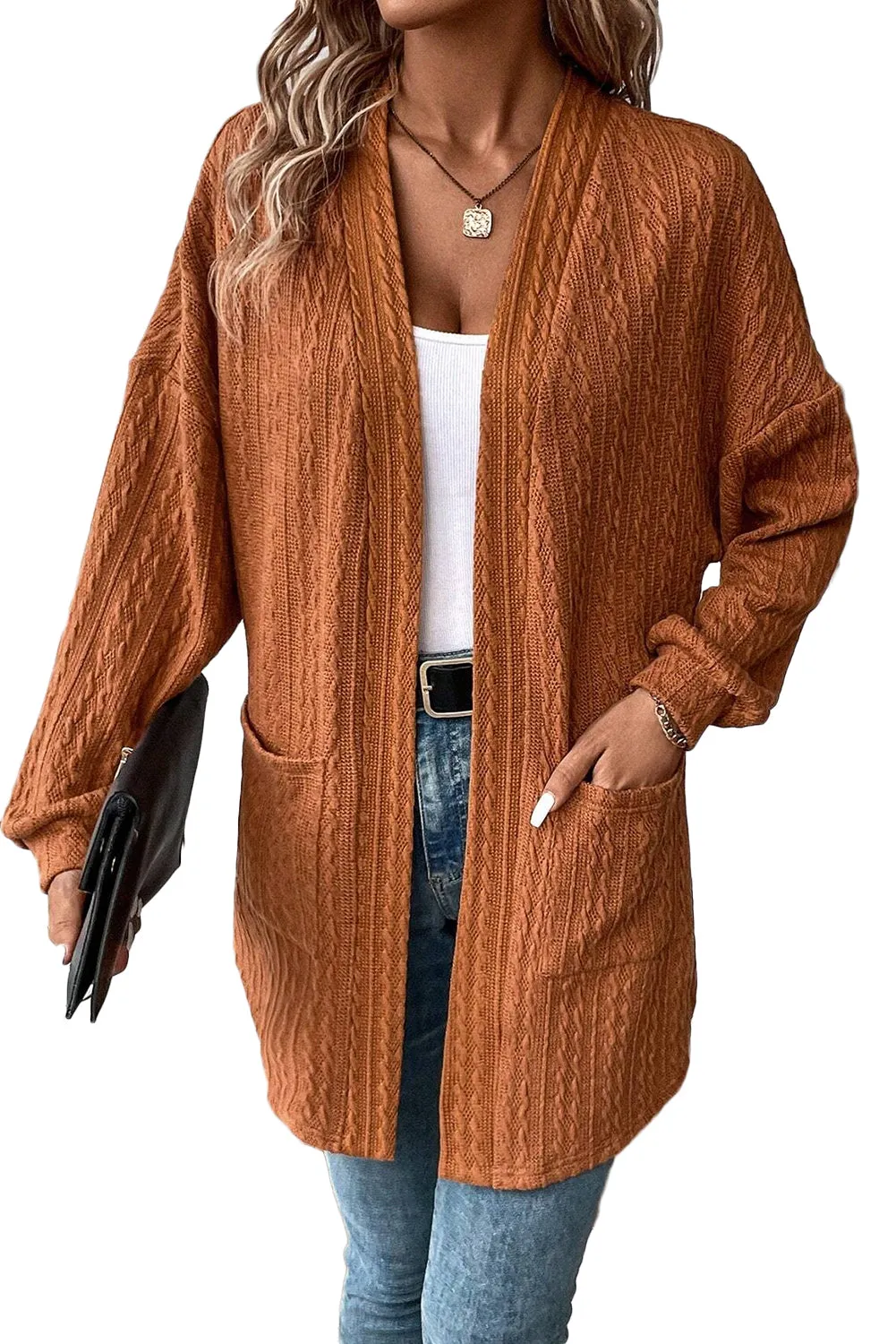 Black Textured Knit Side Pockets Open Front Cardigan