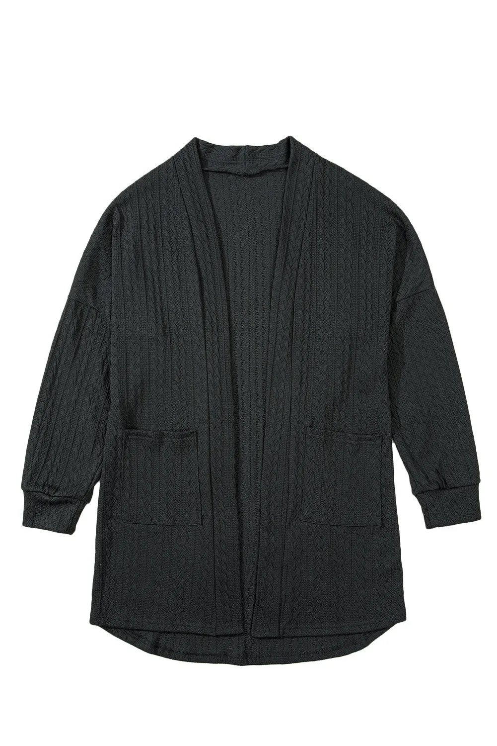 Black Textured Knit Side Pockets Open Front Cardigan