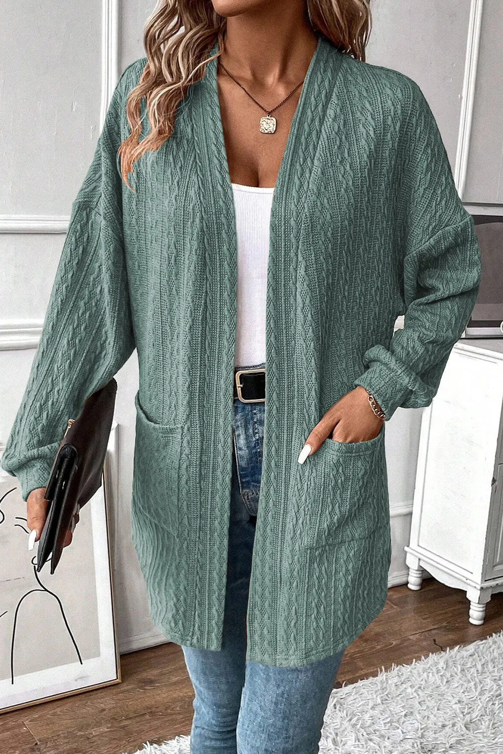 Black Textured Knit Side Pockets Open Front Cardigan