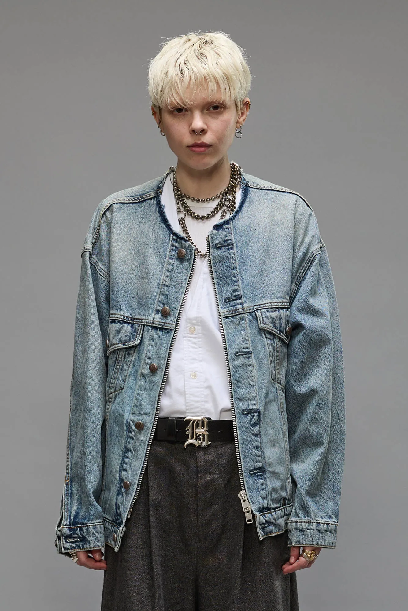 COLLARLESS TRUCKER JACKET - CAXTON BLUE