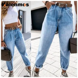 Denim Pants Women KALENMONS High Waist Washed Jeans Pocket Bleached Summer Casual Trousers 2020 Baggy Work Jean Women Vintage