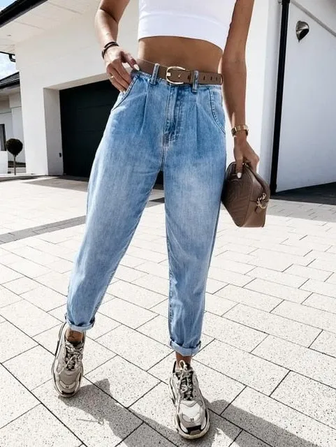 Denim Pants Women KALENMONS High Waist Washed Jeans Pocket Bleached Summer Casual Trousers 2020 Baggy Work Jean Women Vintage