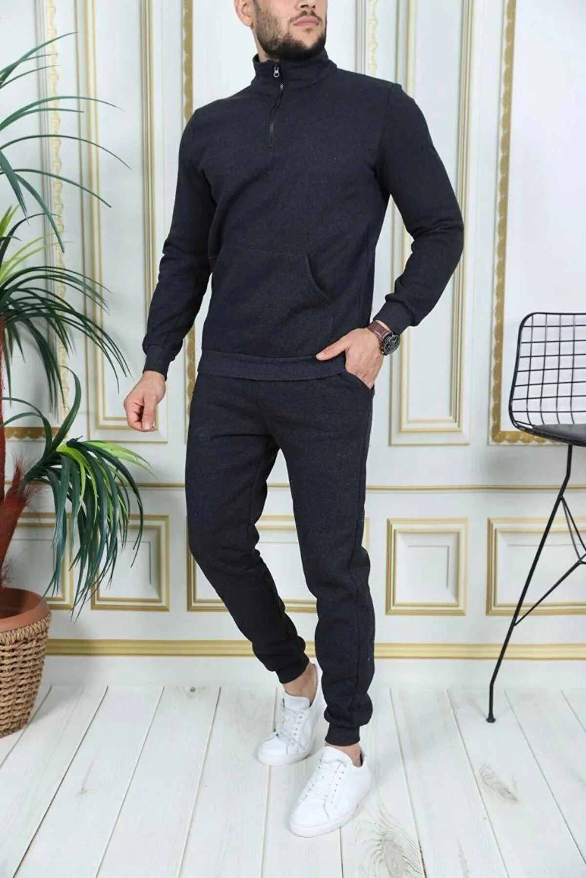 Exsport Men's Dark Anthracite Thread Half Zippered Cotton Inside Winter Tracksuit