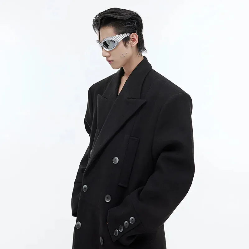 Men Woolen Long Coat Niche Shoulder Pad Fur Coat Simple Casual Knee Length Windbreakers Male Wool Autumn 24X1711