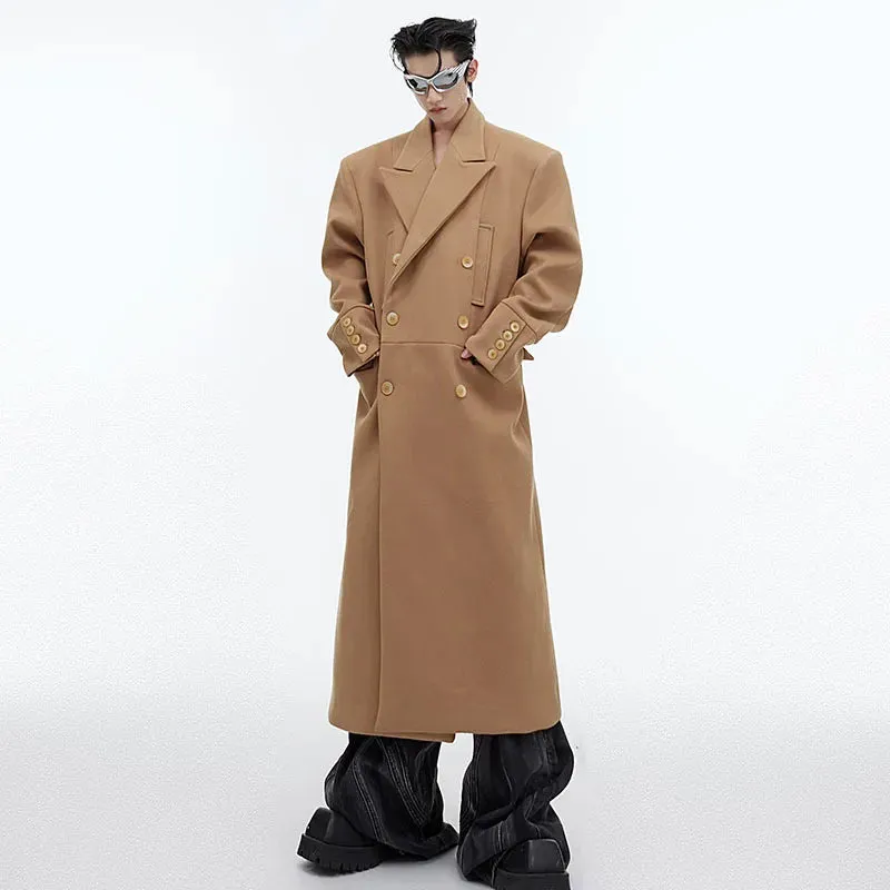 Men Woolen Long Coat Niche Shoulder Pad Fur Coat Simple Casual Knee Length Windbreakers Male Wool Autumn 24X1711