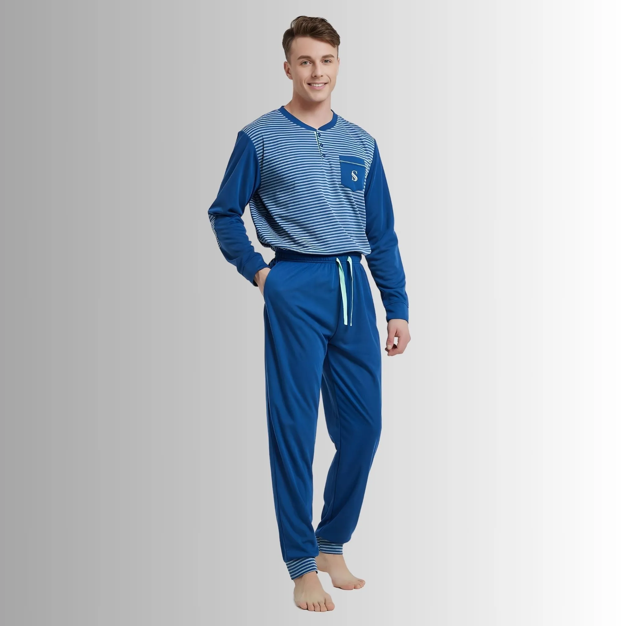 Men's Long Sleeve Pyjamas, Grey-Blue Stripe Loungewear Novelty Pjs