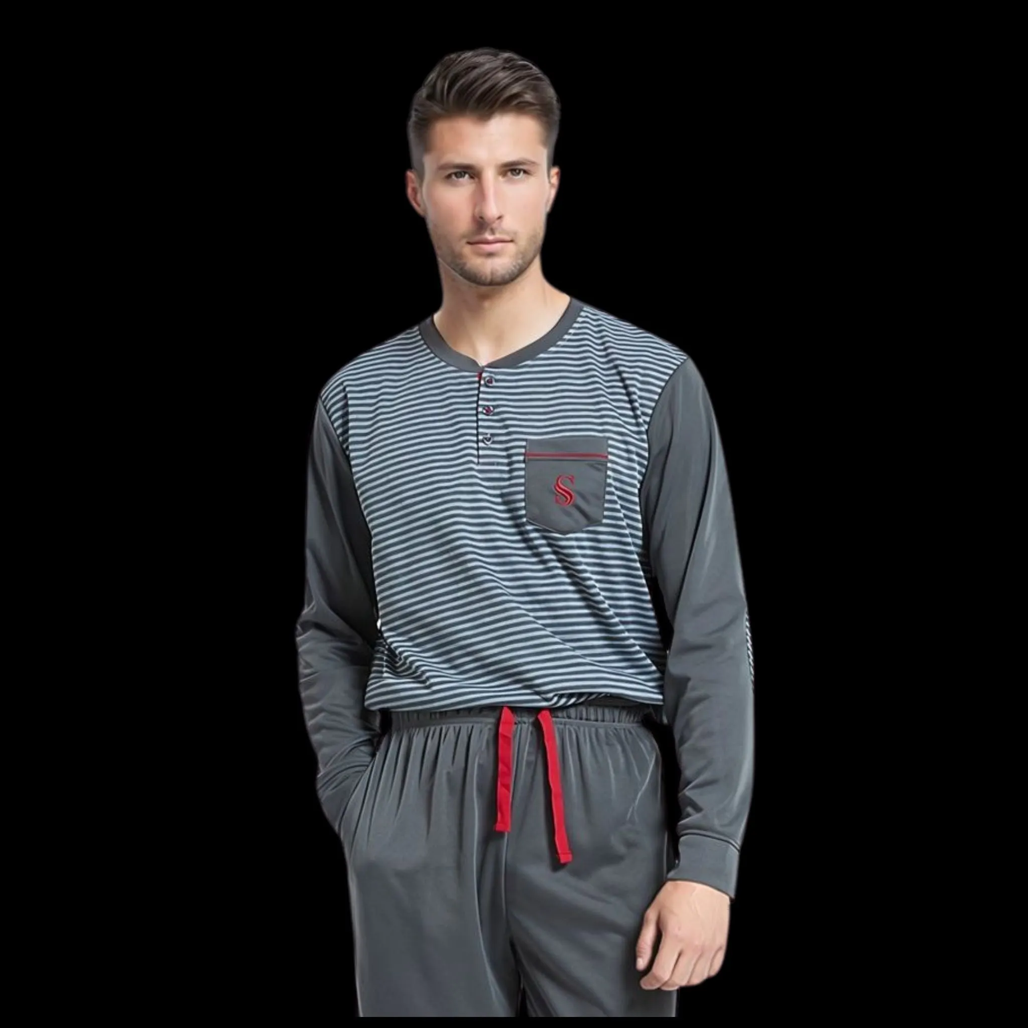 Men's Long Sleeve Pyjamas, Grey-Blue Stripe Loungewear Novelty Pjs