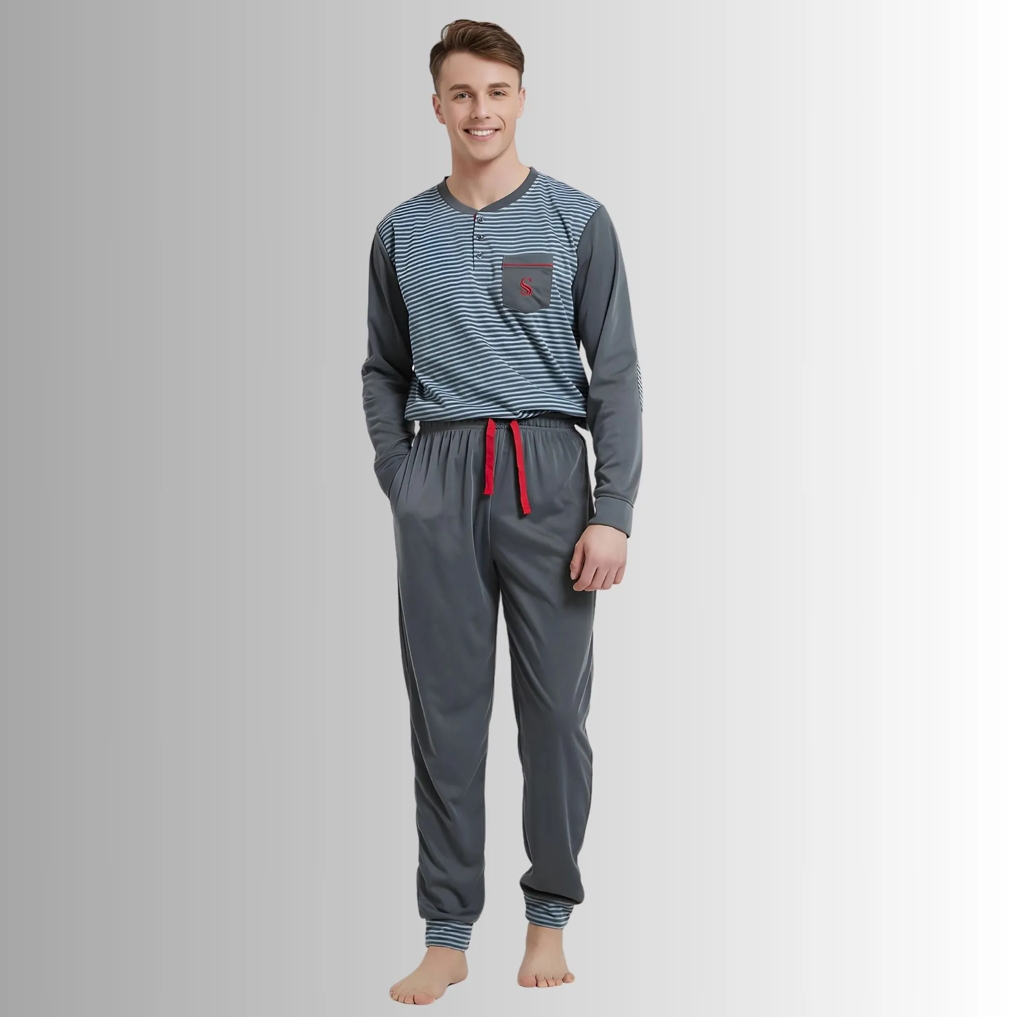 Men's Long Sleeve Pyjamas, Grey-Blue Stripe Loungewear Novelty Pjs