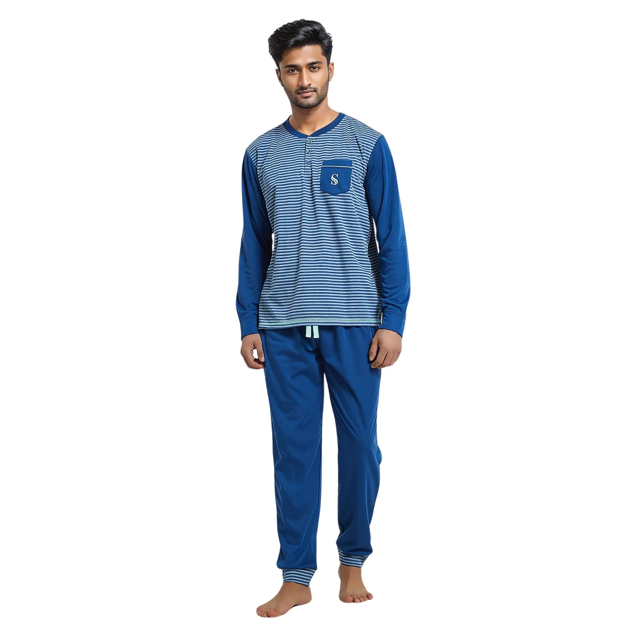 Men's Long Sleeve Pyjamas, Grey-Blue Stripe Loungewear Novelty Pjs