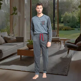 Men's Long Sleeve Pyjamas, Grey-Blue Stripe Loungewear Novelty Pjs