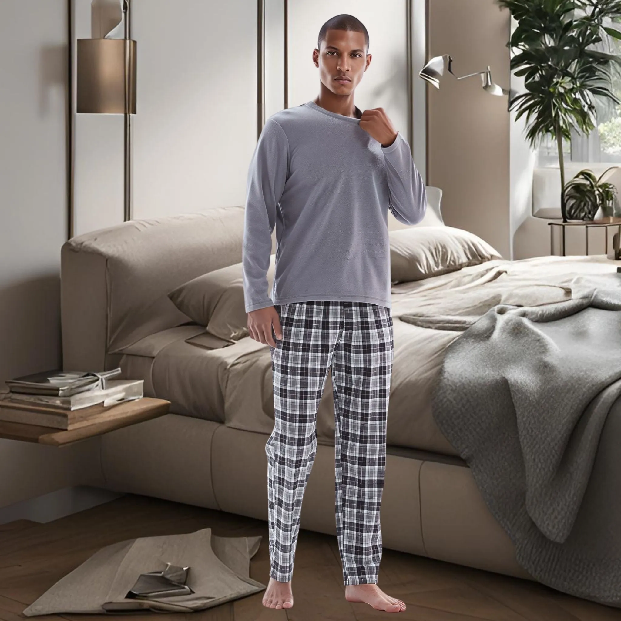 Men's Pyjama Sets Fleece Top, Cotton Bottoms, Grey Black