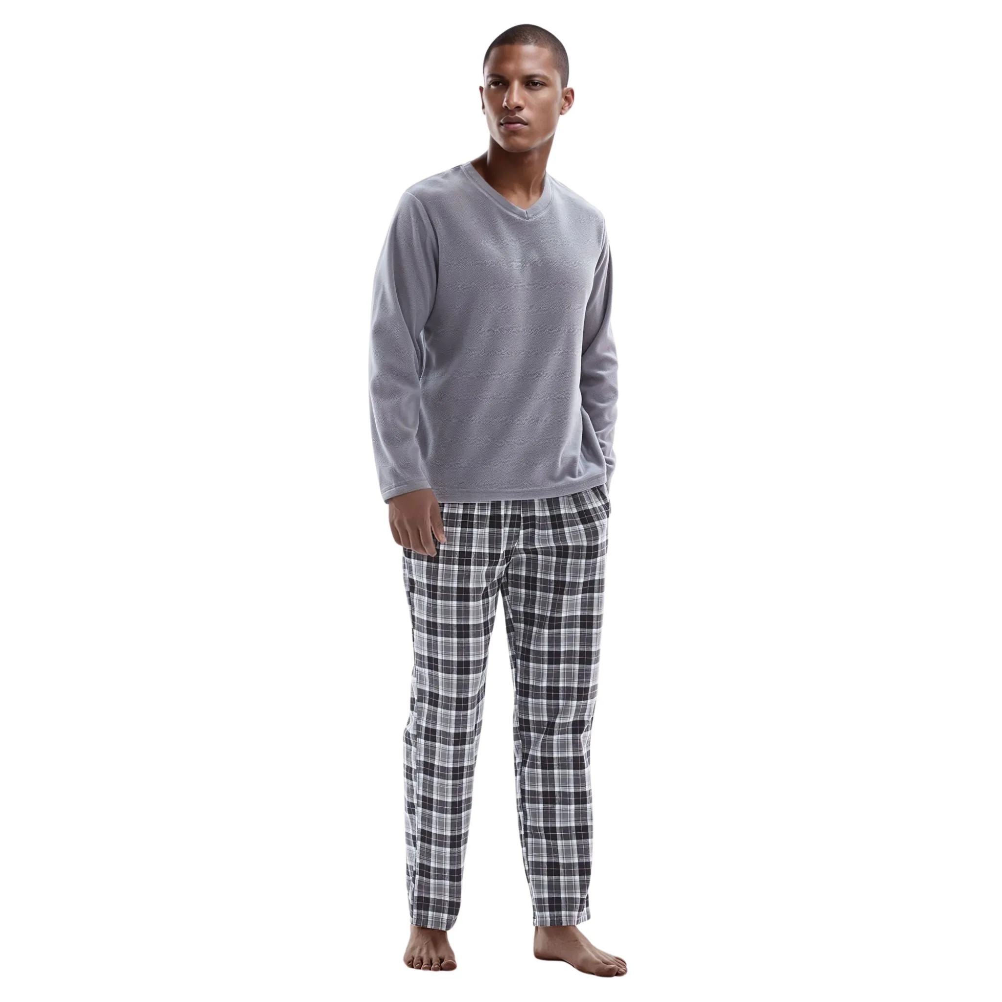 Men's Pyjama Sets Fleece Top, Cotton Bottoms, Grey Black