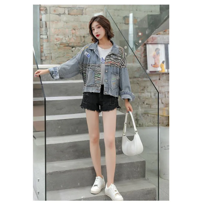 Patchwork Slimming Leopard Print Plus Loose Fit Denim Jacket