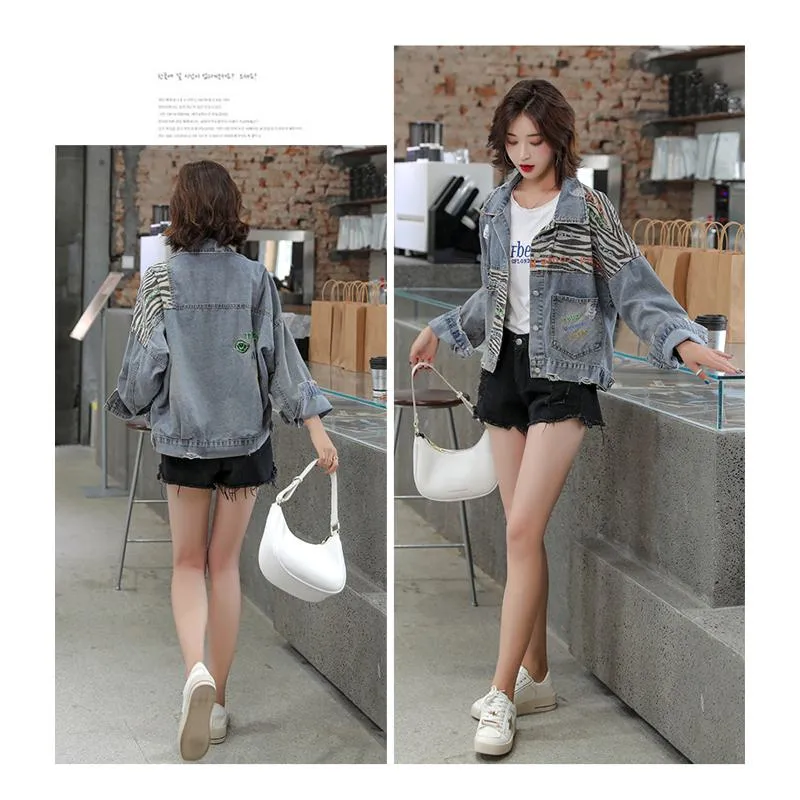 Patchwork Slimming Leopard Print Plus Loose Fit Denim Jacket