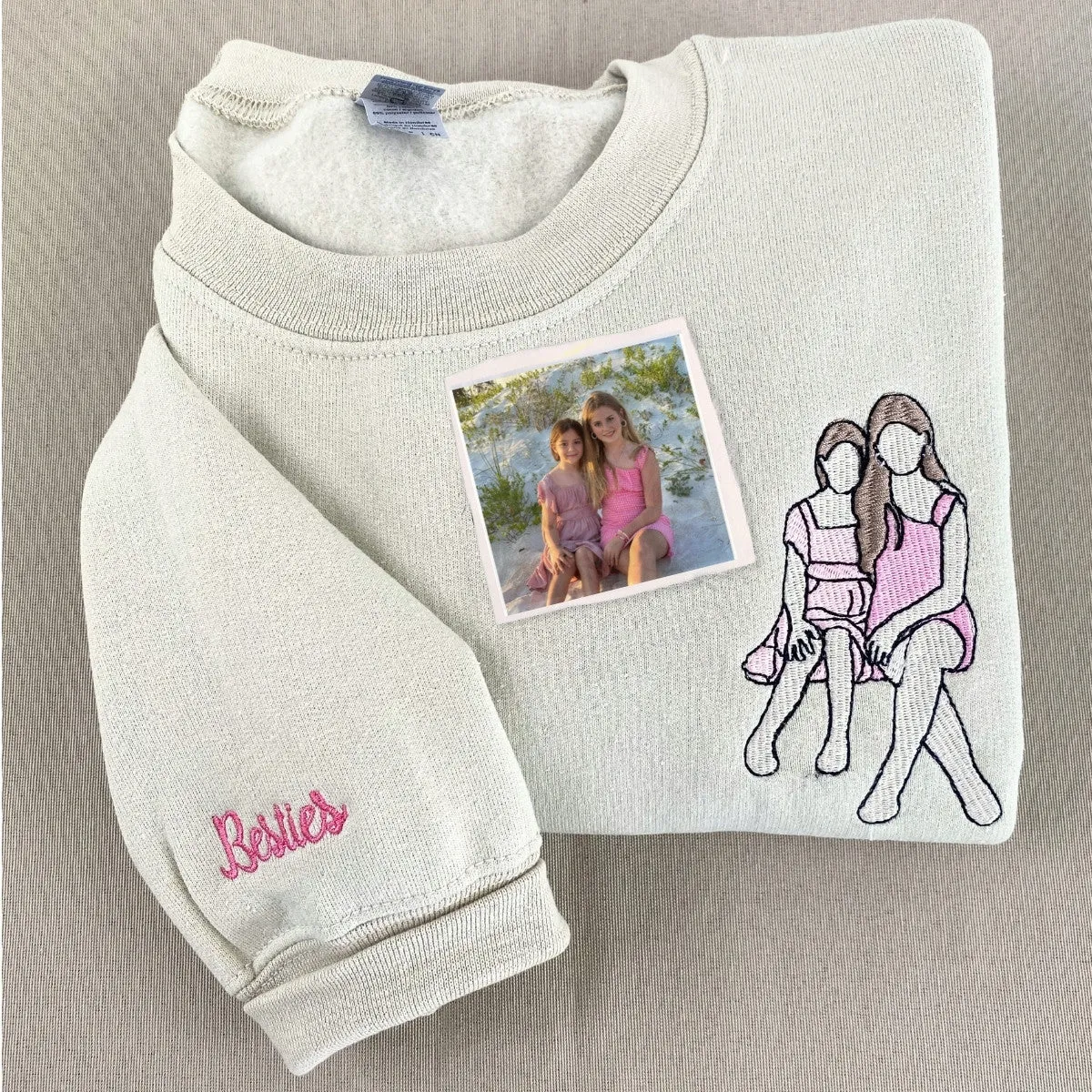 Personalized Matching Bestie Sweatshirts with Embroidery Your Pictures, Besties or EST Year on Sleeve