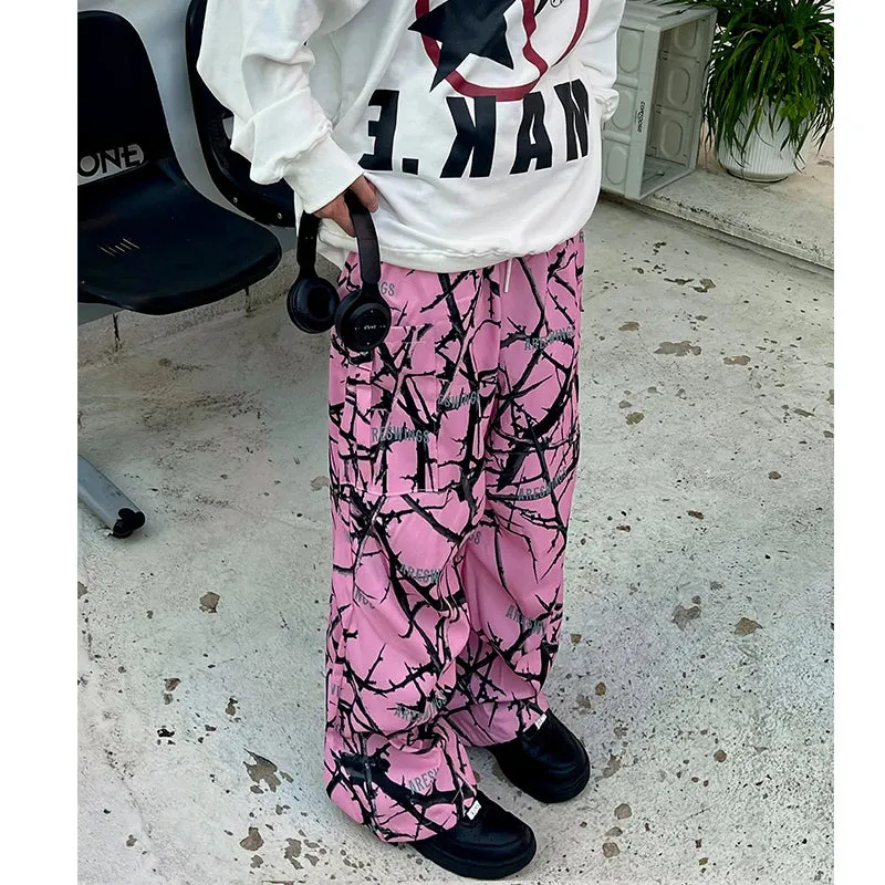 Pink Thorn Branch Printed Cargo Pants - Camouflage Casual Japanese Streetwear Trousers