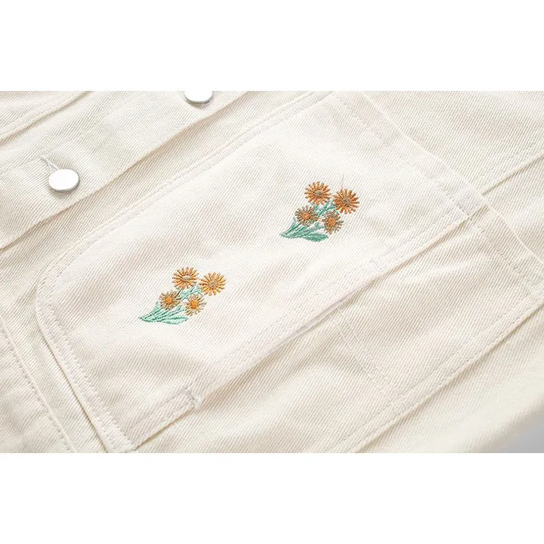 Pocket Flower Embroidery Loose Fit Washed Denim Jacket