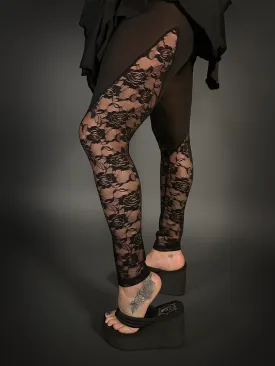 Rose Lace Sides Translucent Stretch Leggings with High Waist