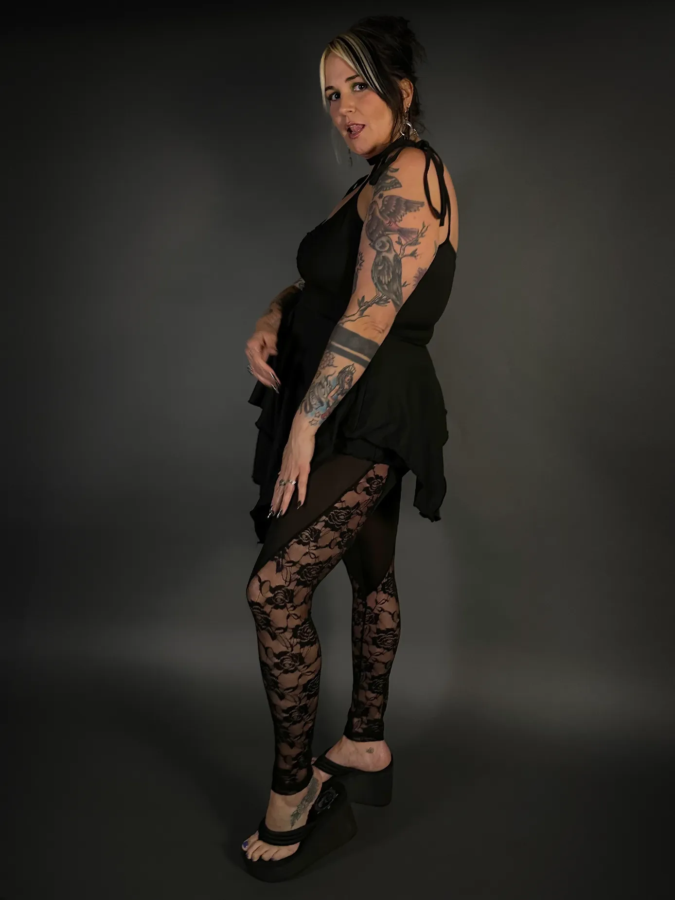 Rose Lace Sides Translucent Stretch Leggings with High Waist