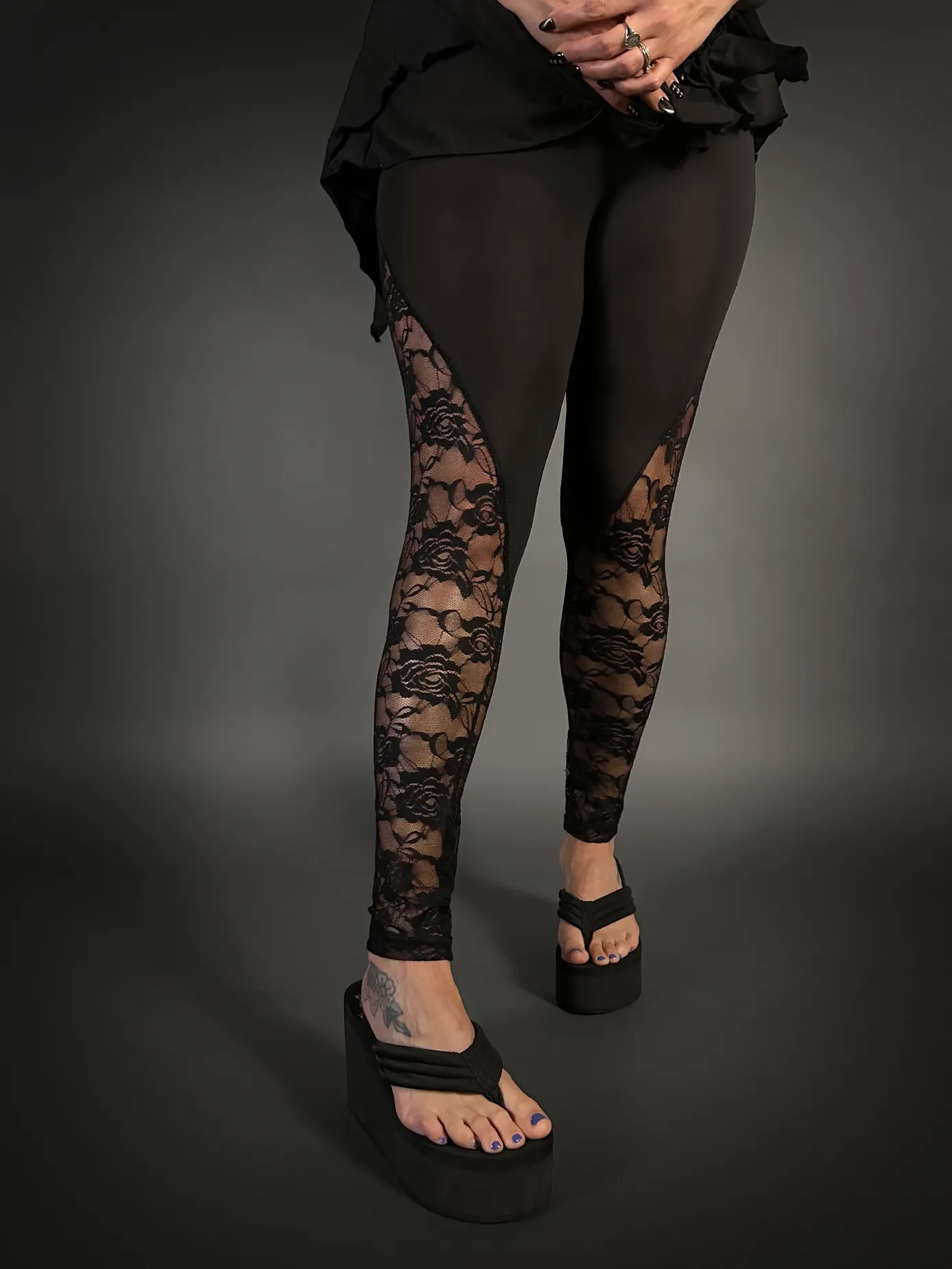 Rose Lace Sides Translucent Stretch Leggings with High Waist