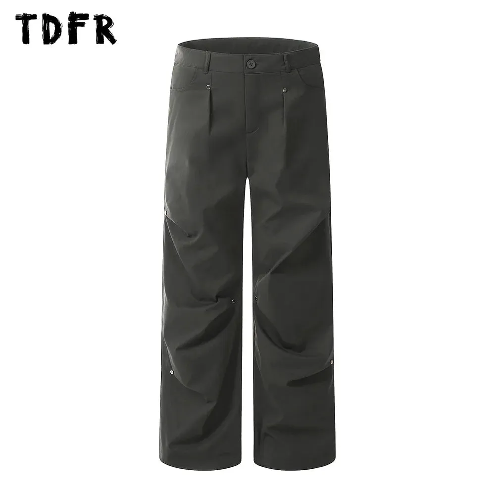 Solid Color Pleated Cargo Pants with Rivets - Safari Style