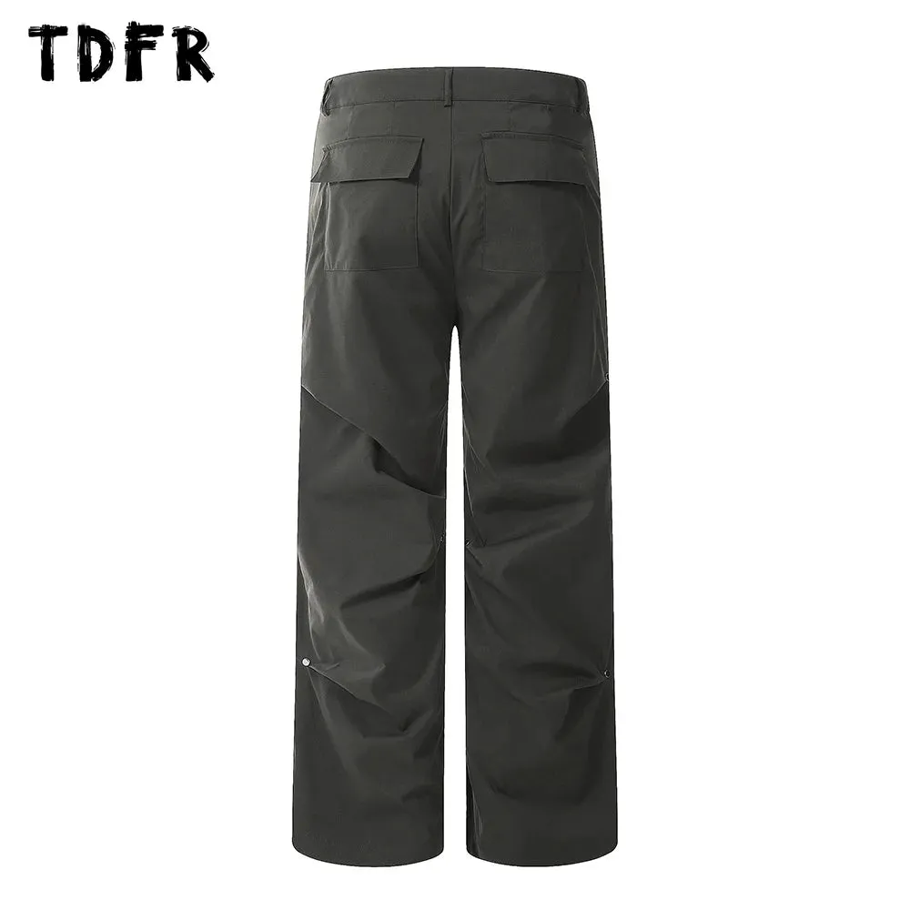 Solid Color Pleated Cargo Pants with Rivets - Safari Style