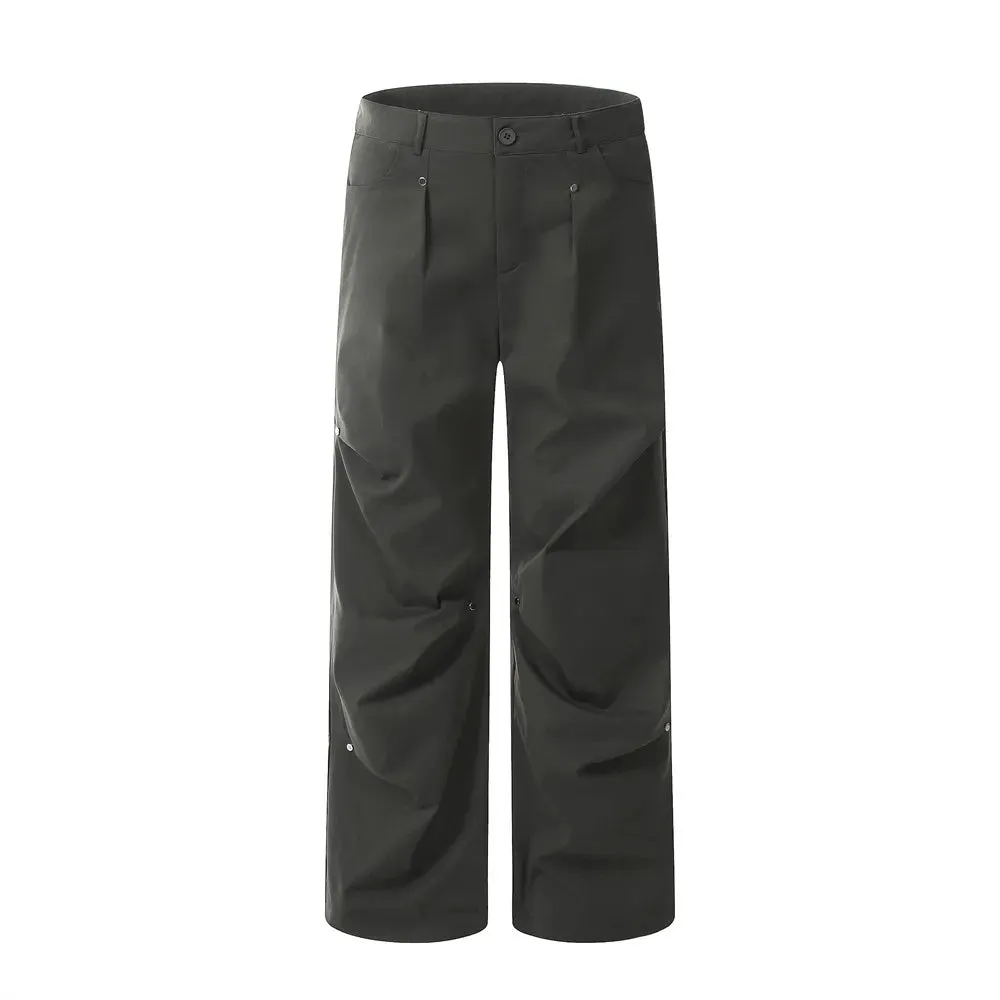 Solid Color Pleated Cargo Pants with Rivets - Safari Style