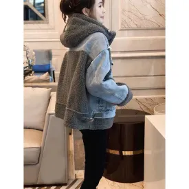 Thickened Patchwork Casual Hooded Faux Two-Piece Denim Jacket