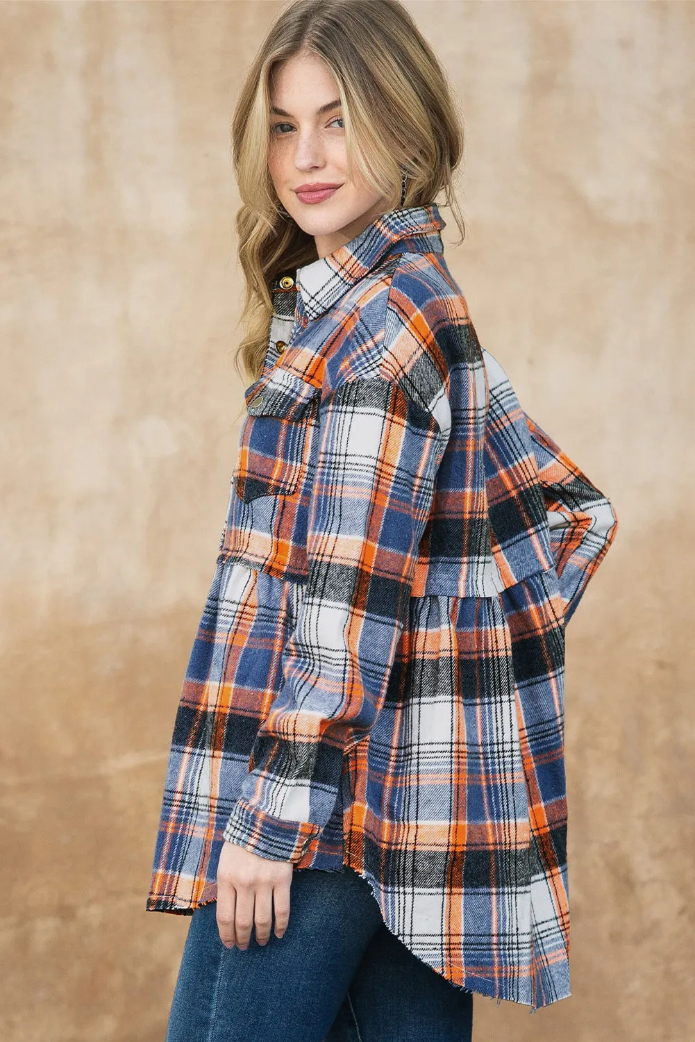 Wholesale Multicolor Plaid Snap Button Casual Raw Hem Shirt Shacket