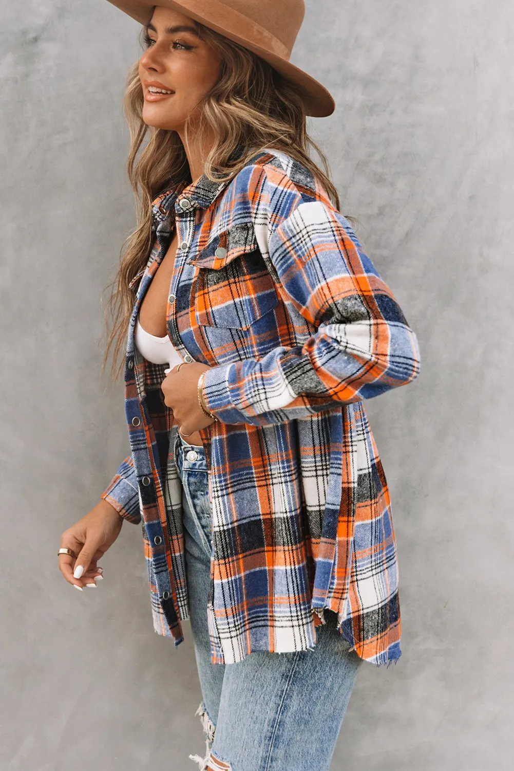 Wholesale Multicolor Plaid Snap Button Casual Raw Hem Shirt Shacket